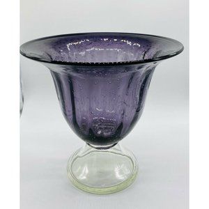 Hand Blown Bubble Pedestal  Bowl amethyst  Glass Italian Art Controlled Bubbles